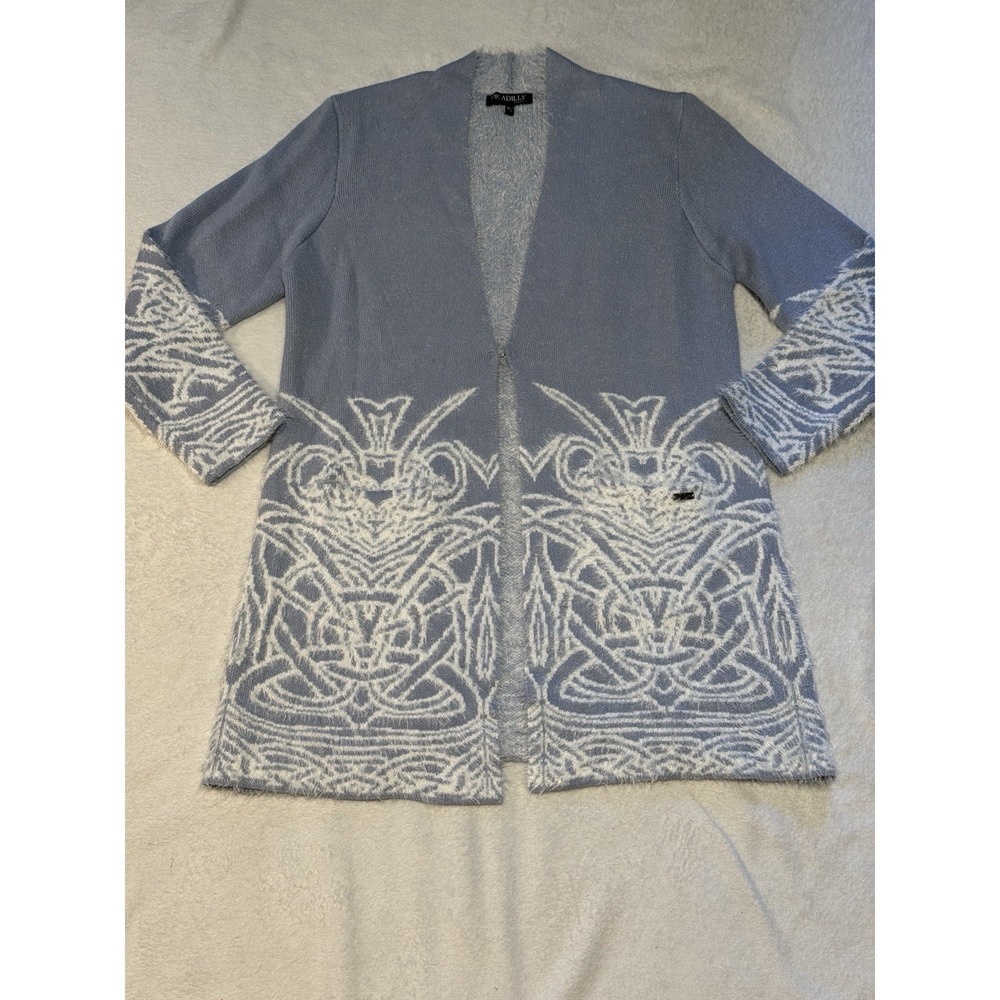 Picadilly Blue White Fuzzy Knit Open Front Cardigan Sweater M L Hook Canada